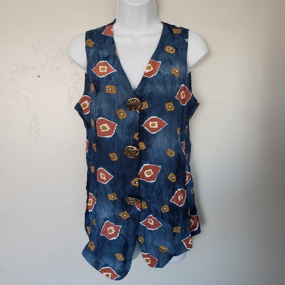 Marsha Brander for Componix Vintage Women's 6 Blue Vest Button Up Gold Aztec Top